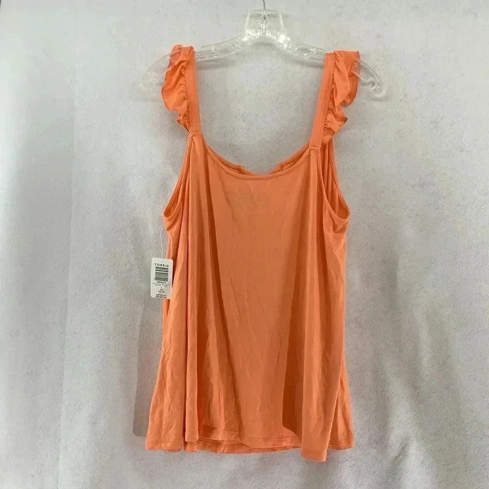 NWT Torrid Super Soft V-Neck Lace-Up Ruffle Tank Top Coral Orange Size 1 (14/16) - Picture 3 of 4